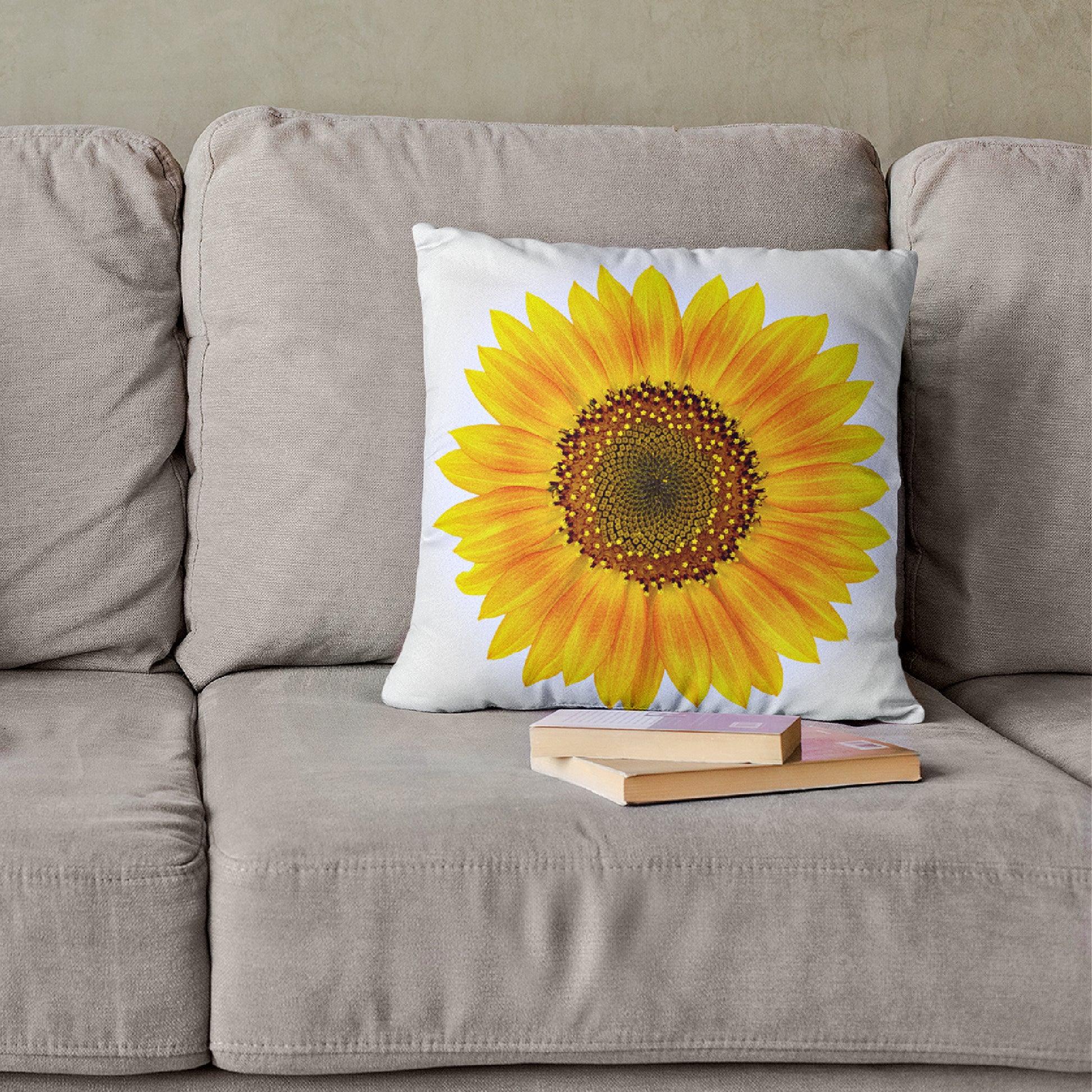 Mock up of our Sunflower Throw Pillow on a couch