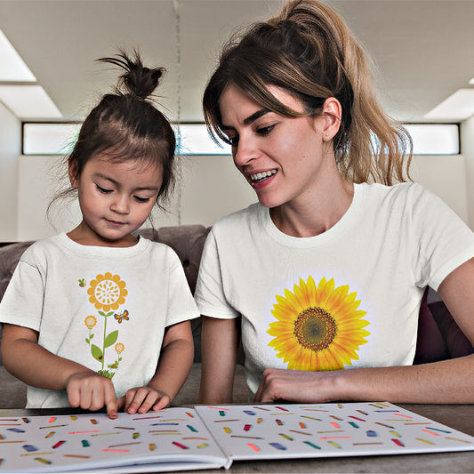 Mock up of a mom and girl wearing our Sunflower t-shirts
