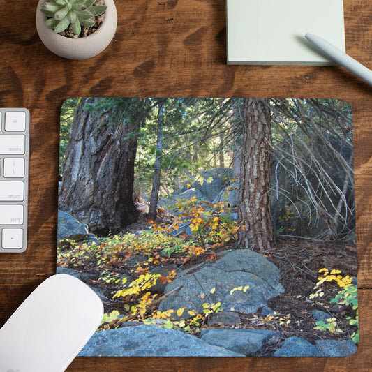 Mock up of our Scenic-Nature Mouse Pad on a wooden surface