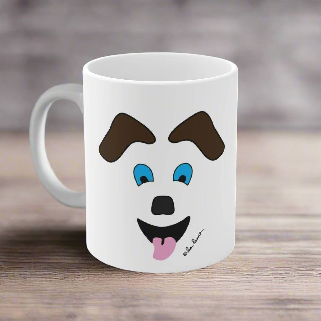 Front view of our Dog Art Mug featuring "Happy Dog"