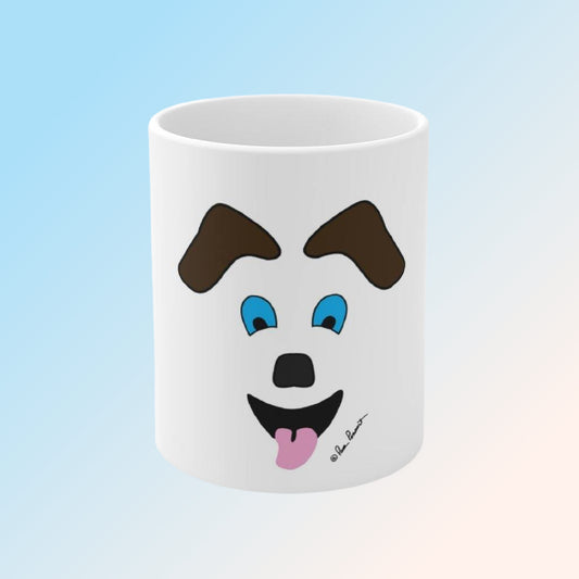 Front view of our Dog Art Mug featuring "Happy Dog"