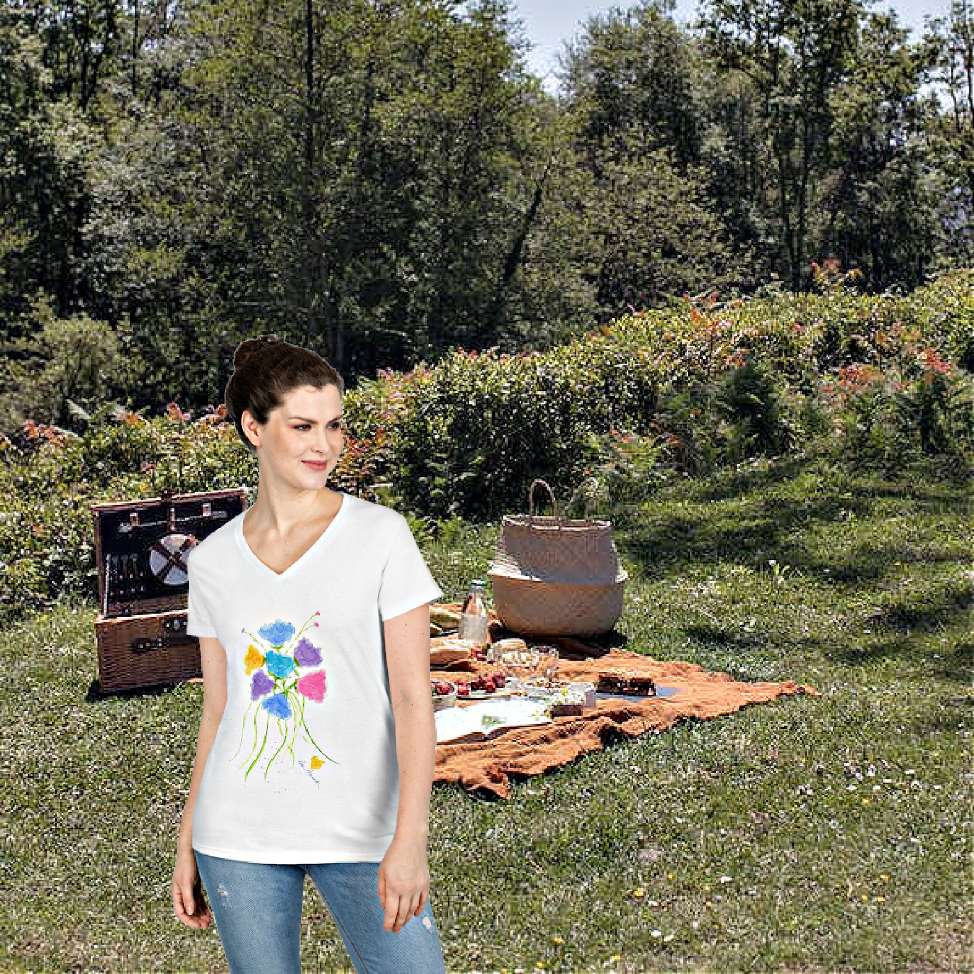 Mock up of a woman wearing our white Ladies' V-neck T-shirt while out on a picnic