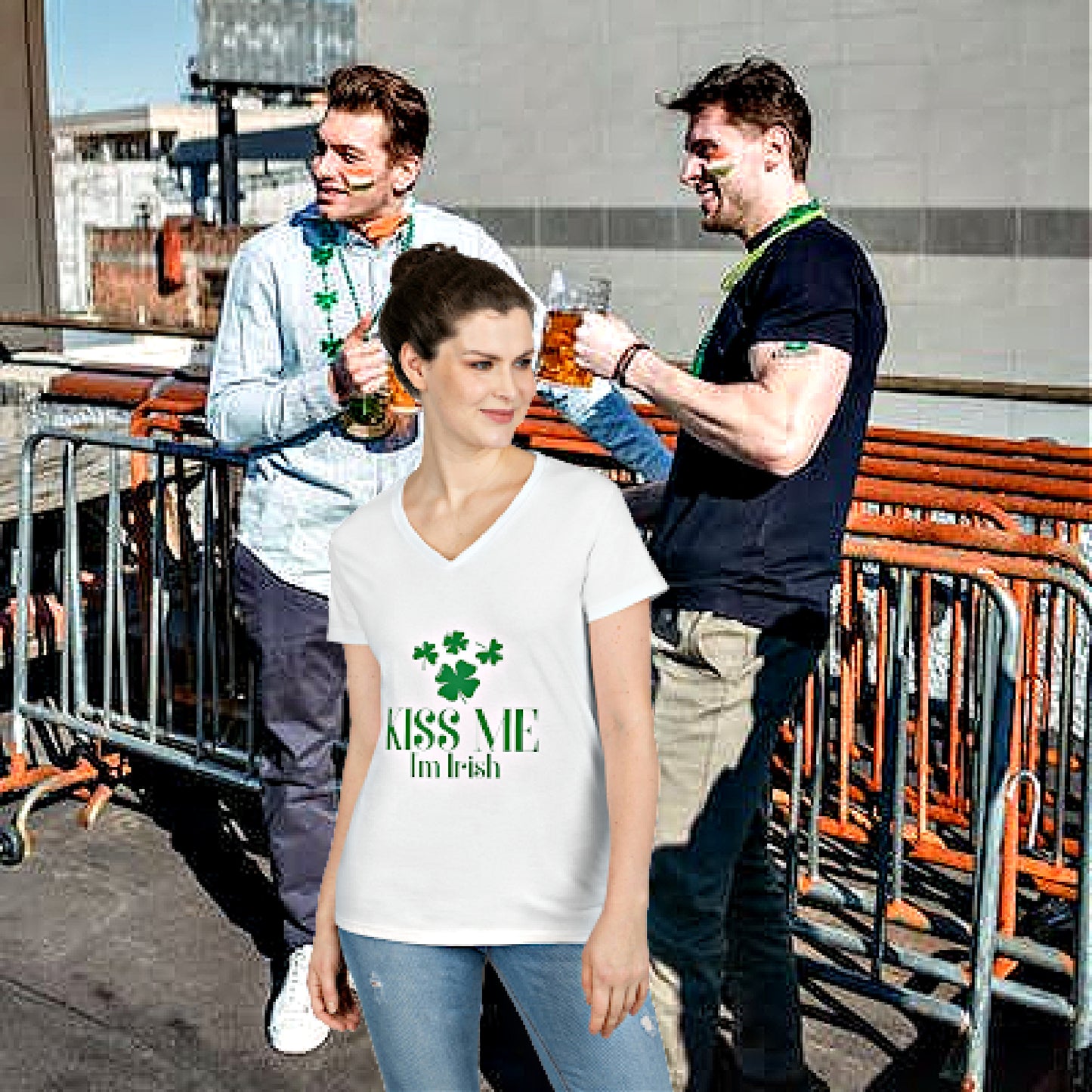 Mock up of woman wearing the white t-shirt with 2 guys in the background