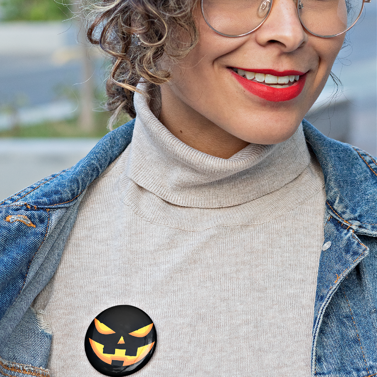 Mock up of a smiling woman wearing our medium-sized  button