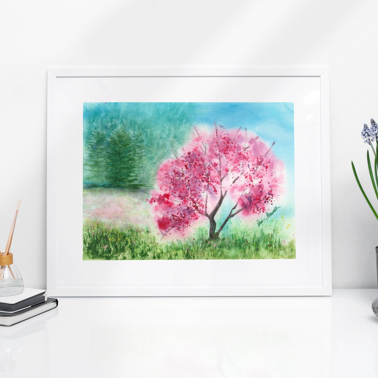 Pink-Tree Watercolor Print in a white mat and frame (frame not included)
