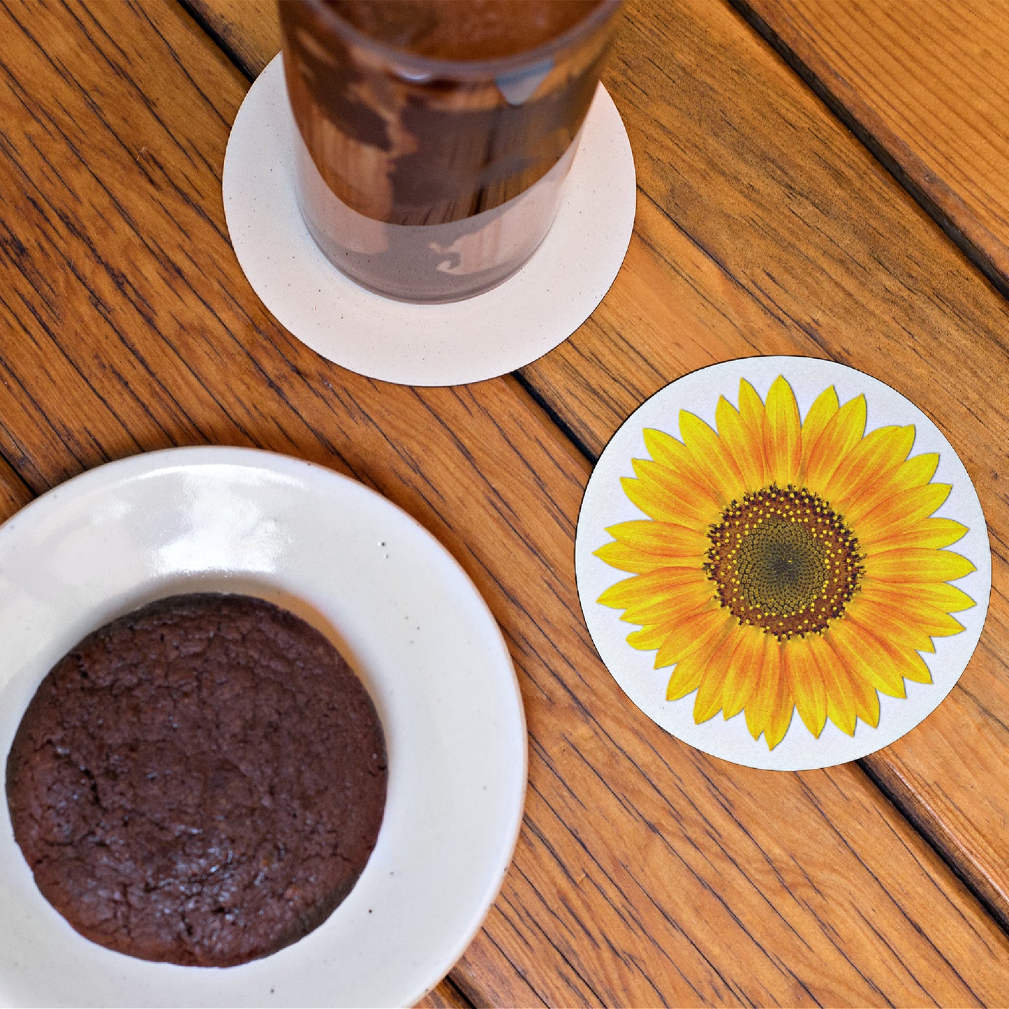 Round Sunflower Coasters: A 4-piece Set; Foam-backed