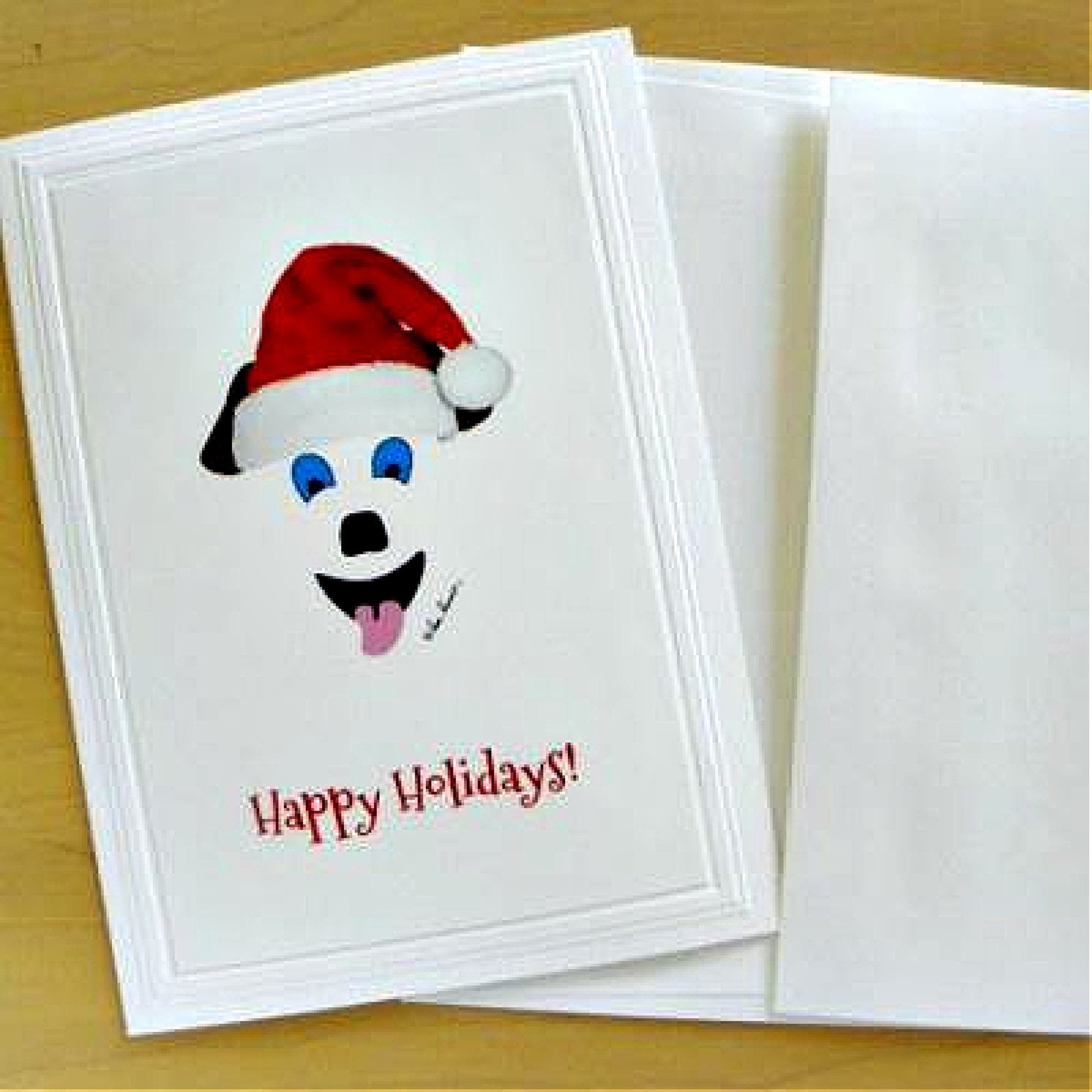 Close up of our Santa Dog Card with envelope