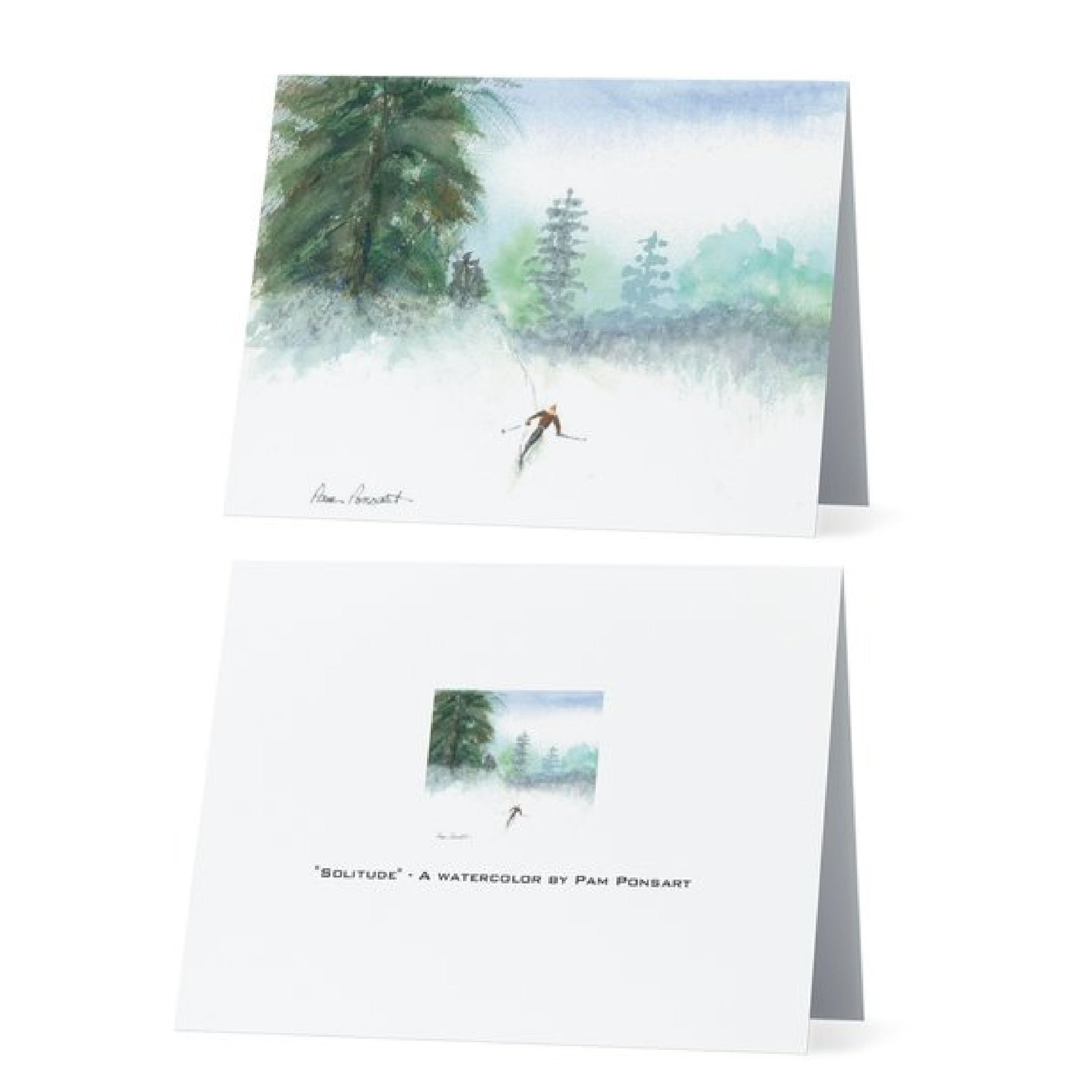 Standing view of one of the the Skier-theme Note Cards front and back