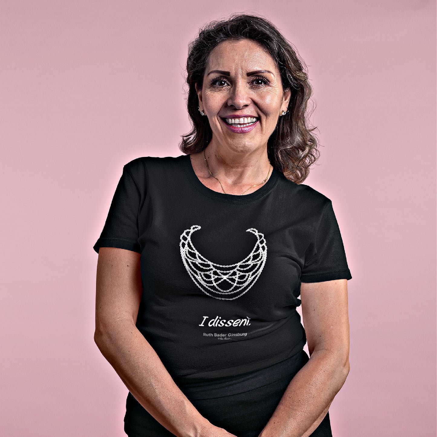 Mock up of a smiling woman wearing our relaxed-fit Black RBG-inspired T-shirt
