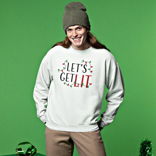 Mock up of a smiling man wearing our white Holiday Unisex Sweatshirt