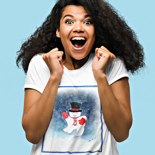 A mock up of a woman with an enthusiastic expression wearing our white relaxed-fit Womens Snowman T-shirt