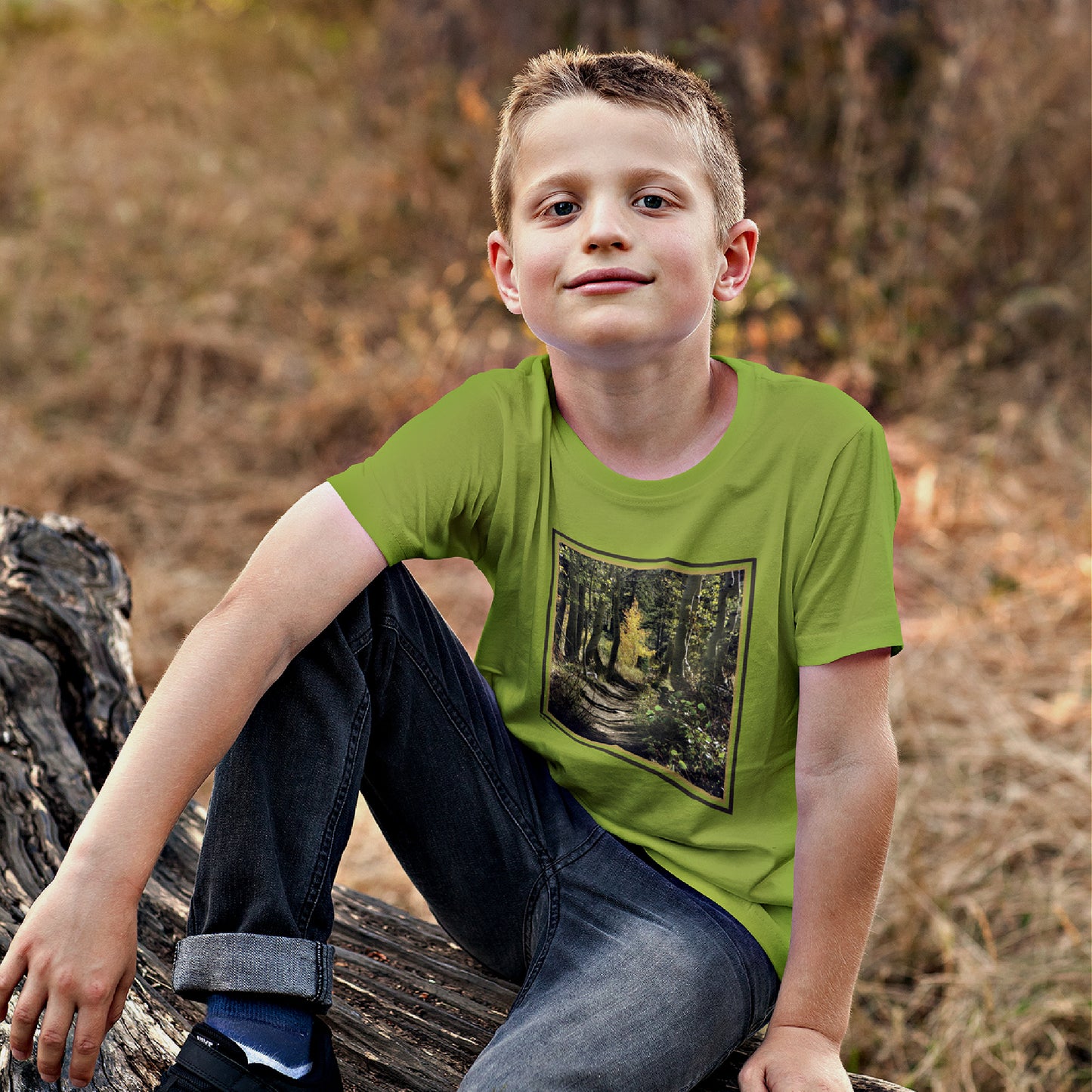 Mock up of a boy wearing our lime green t-shirt