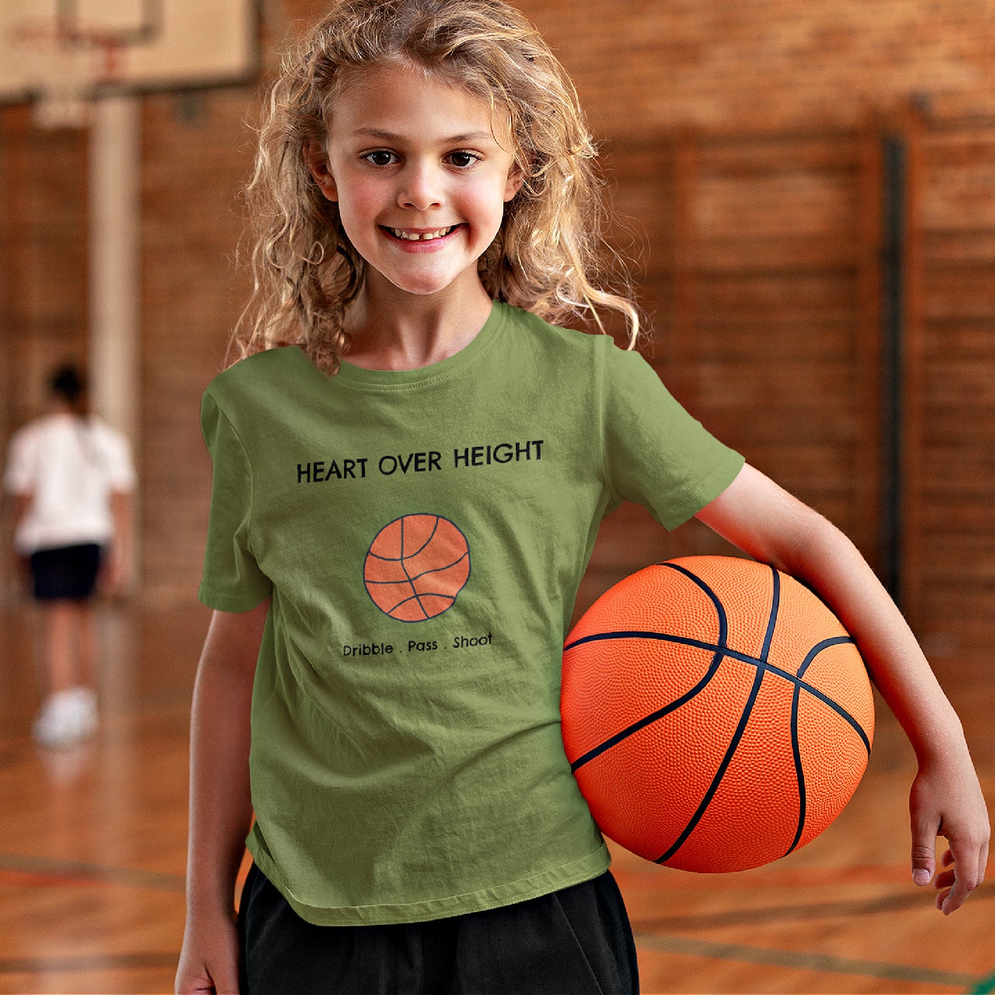 Mock up of a happy girl at basketball practice wearing our Lime green T-shirt