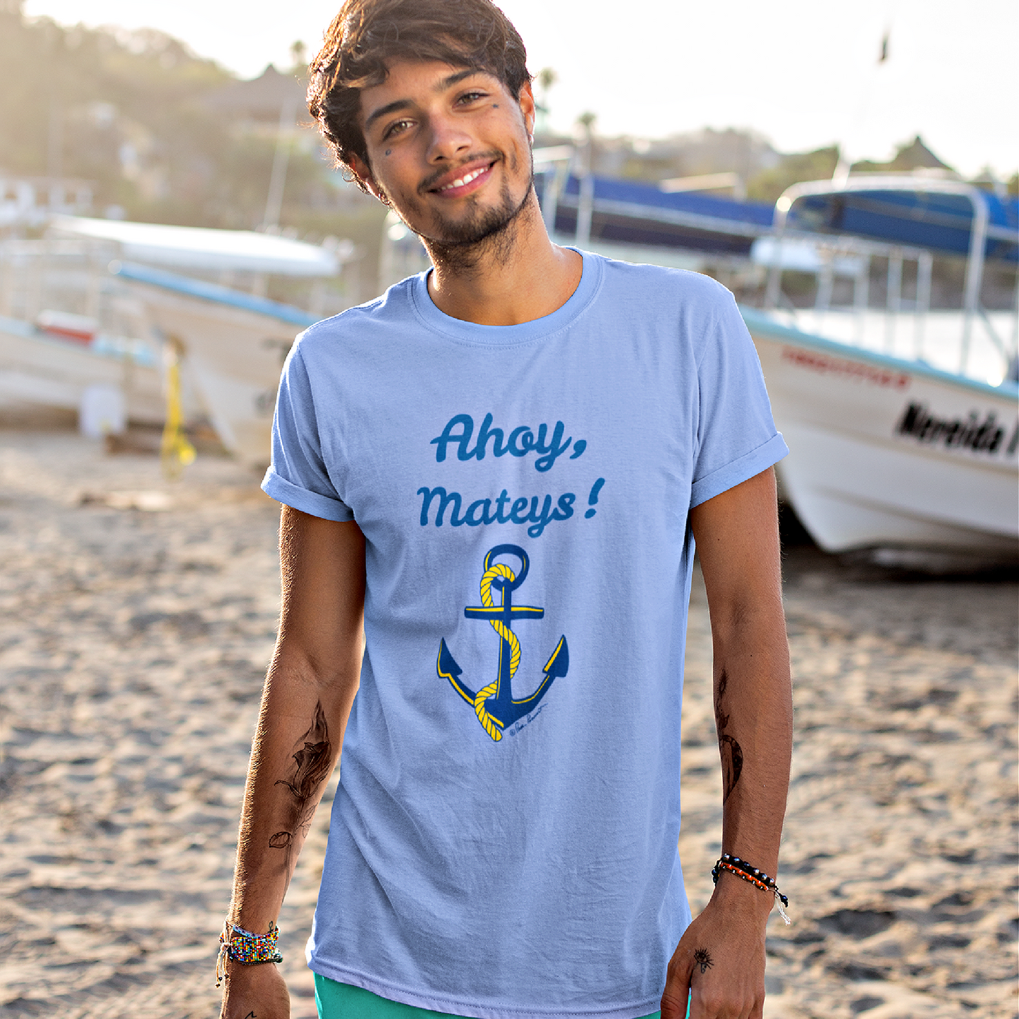 Mock up of a slim man wearing our blue Boat Life T-shirt