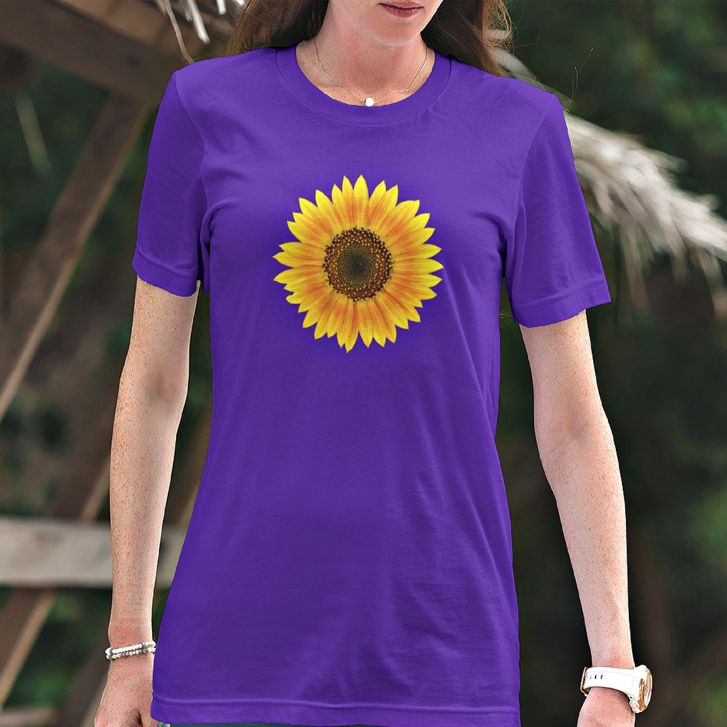 Mock up of a woman out on a walk while wearing our Purple Women's T-shirt
