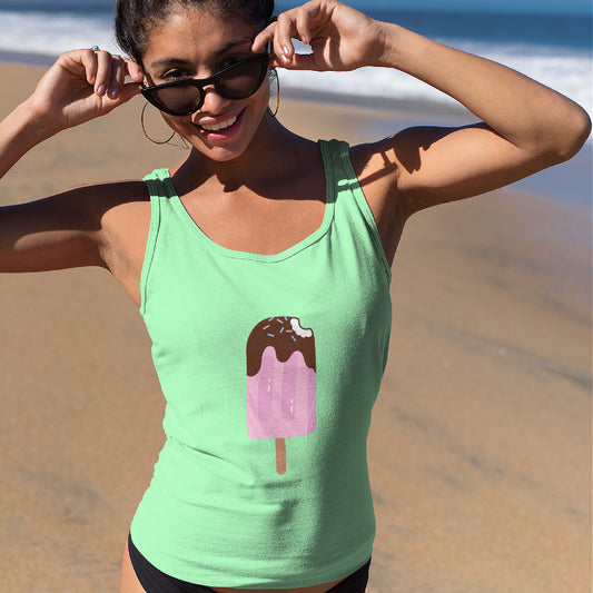 Mock up of a woman with trendy sunglasses wearing our  Solid Mint slim-fit Women's Summer-Style Tank-Top