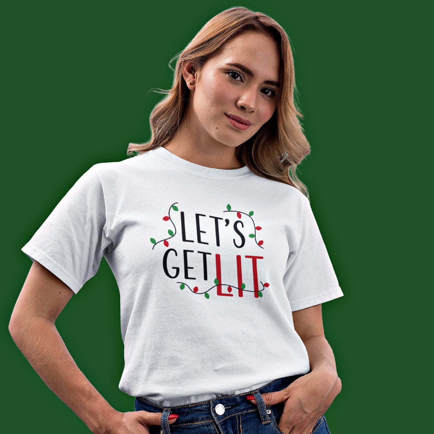 Mock up of a woman with a coy-smile wearing our white Womens Holiday-Text T-shirt