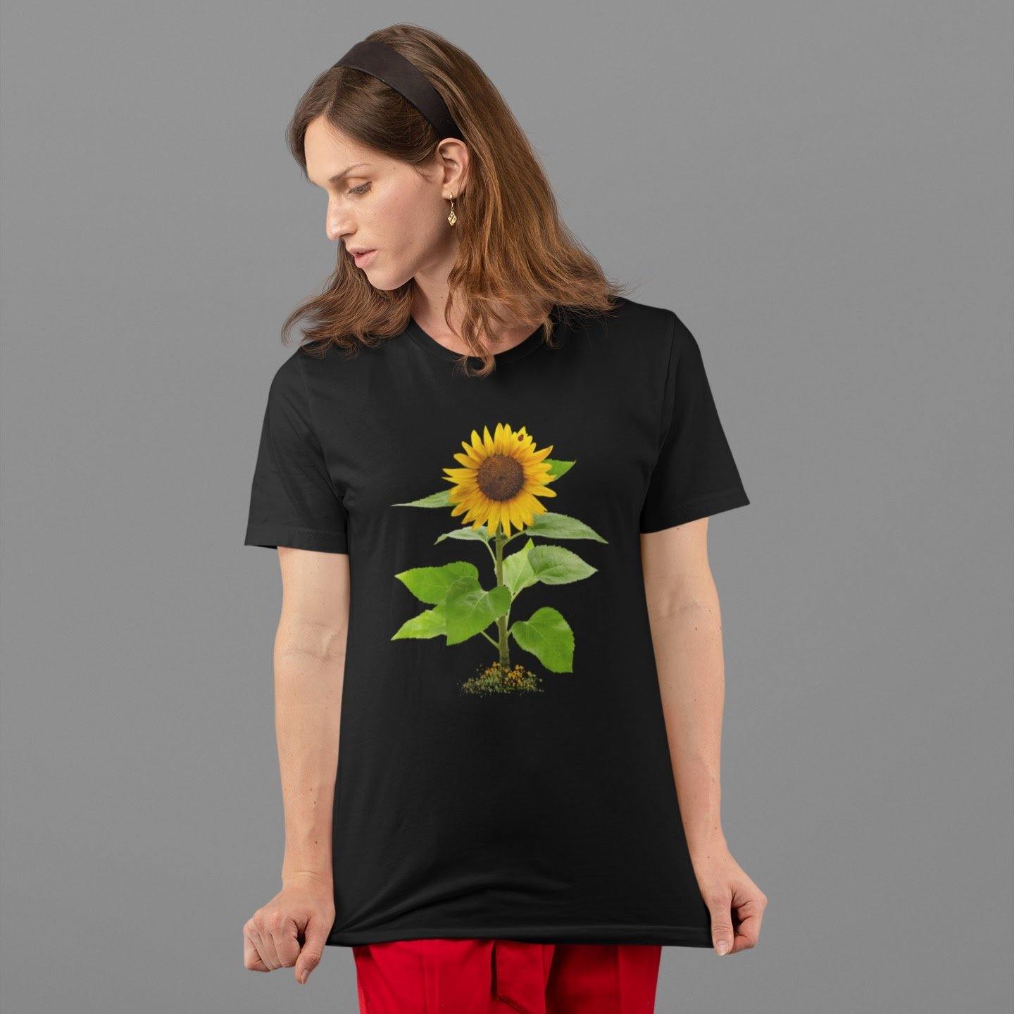 Mock up of a woman wearing out black Unisex Sunflower T-shirt