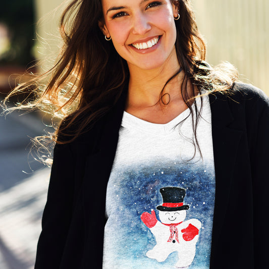 Mock up of a smiling woman wearing our white Snowmasn V-neck T-shirt