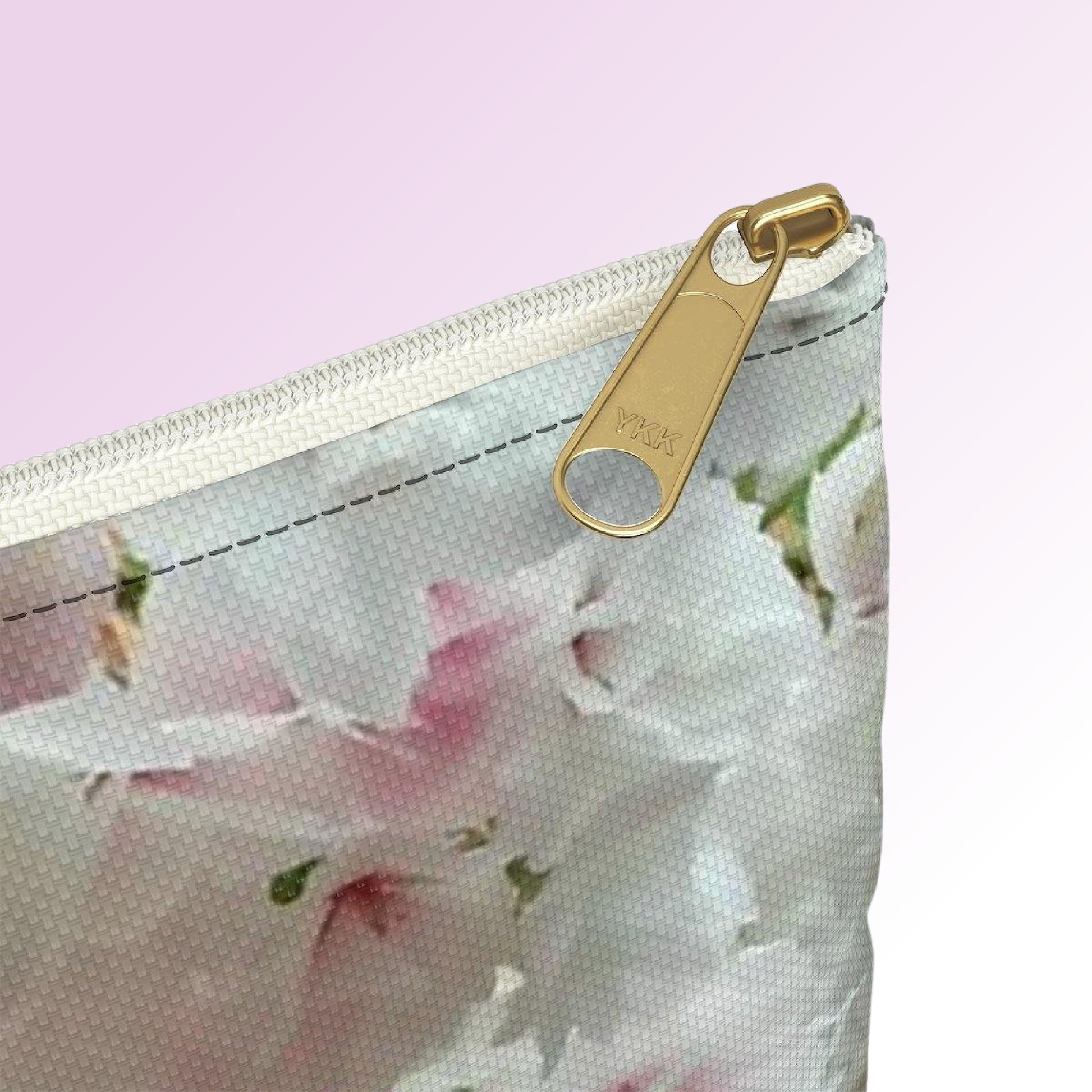 Close up of the zipper details for our White-Floral Travel Pouch