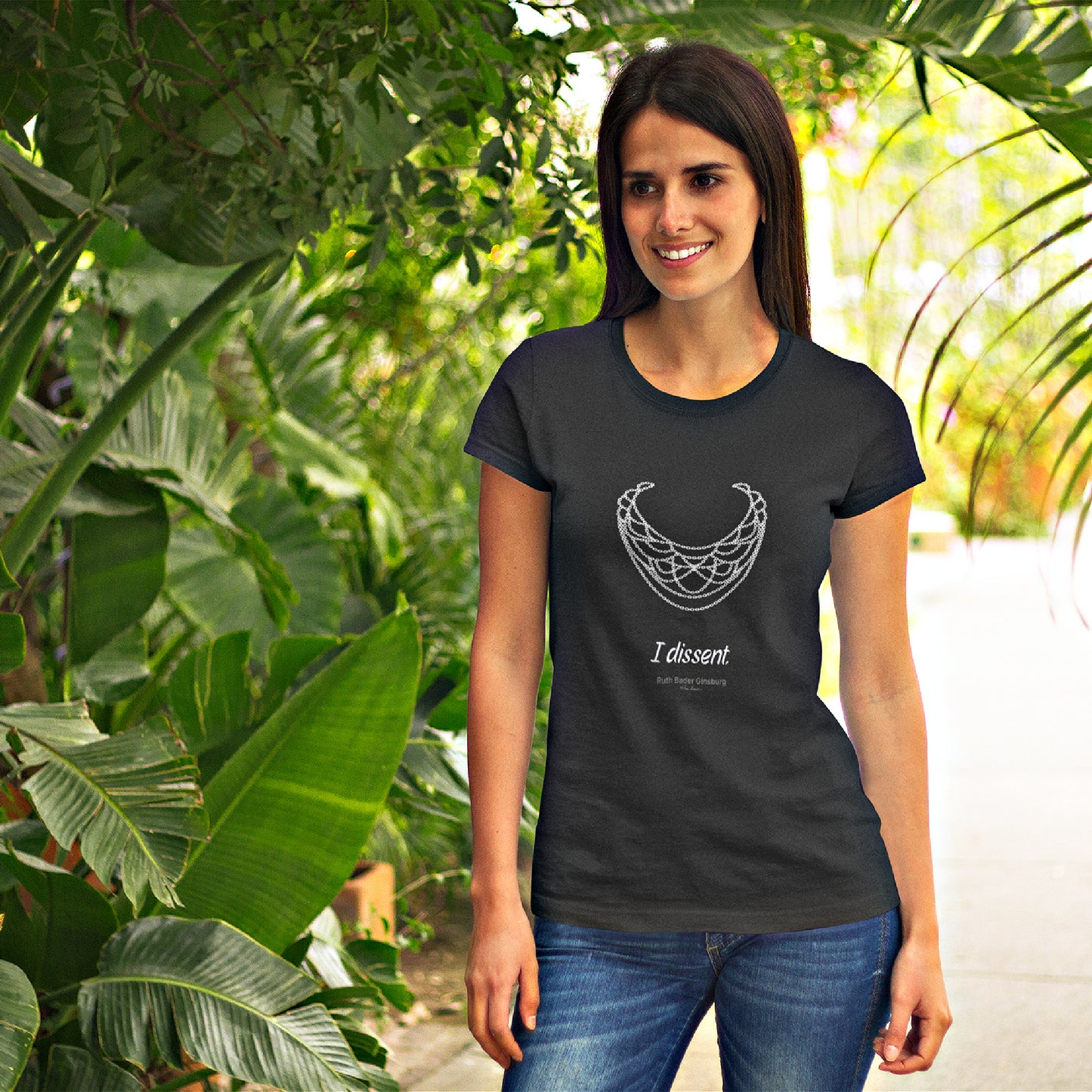 Mock up of a dark-haired woman wearing our T-shirt will at a nursery